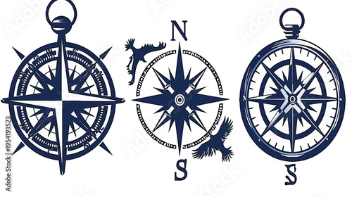 Three navy-colored compasses with directional pointers, on white
