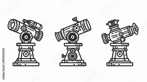 Three steampunk styled telescopes stand on ornate pedestals, outlined against white