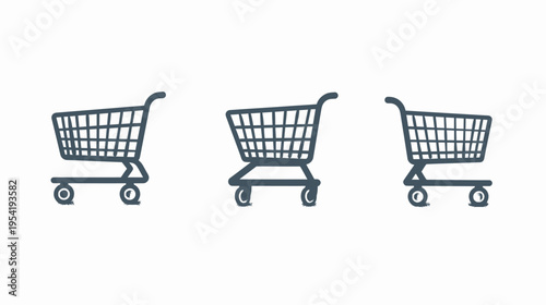 Three shopping cart icons in gray with a square basket on a white background