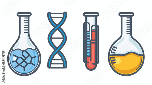 Four vector images displaying science elements on a white background in line art