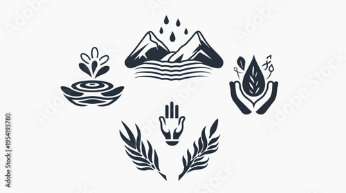 Nature-themed vector emblems featuring mountains, water, plants, and hands in black