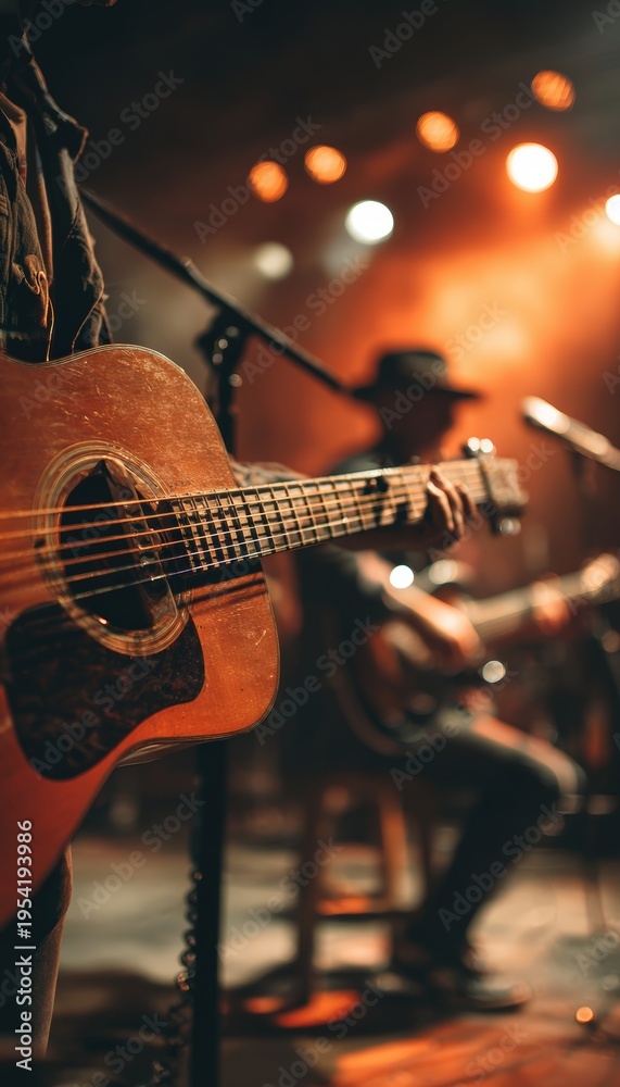 Obraz premium Vertical Poster Friendly Live Performance Scene with Guitar Strings and Singer in Luminous Blur
