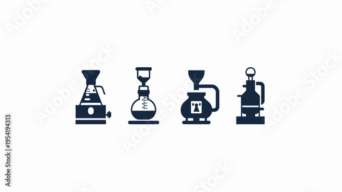 Four dark blue icons illustrate coffee brewing methods on a stark white backdrop