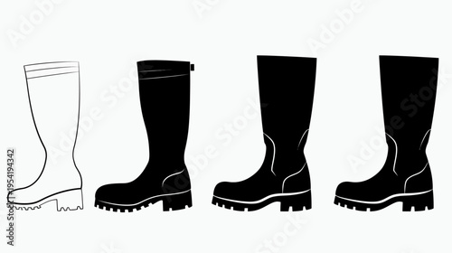 Four black and white renderings of tall boots with thick lug soles in different styles