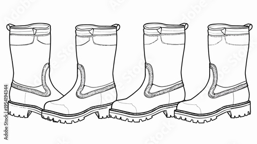 Four pairs of boots, drawn in a black and white technical illustration