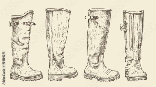 Sketch-style drawing of four knee-high boots, each with distinct design elements