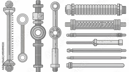 Collection of vector steampunk-style metallic rods and pipes on a white background