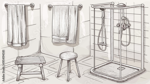 Sketch of a bathroom scene with towels, stools, and a shower stall in monochrome hues