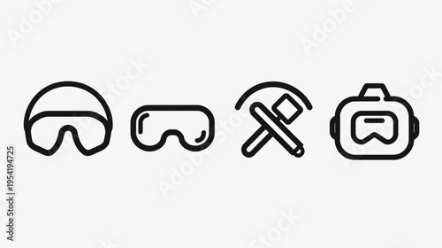 Icons of goggles, crossed tools, and a VR headset are outlined in black on white