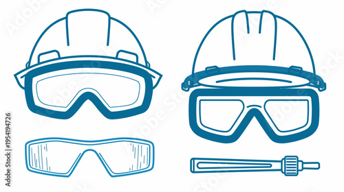 Teal construction helmet and goggles drawings with outlines on a white background