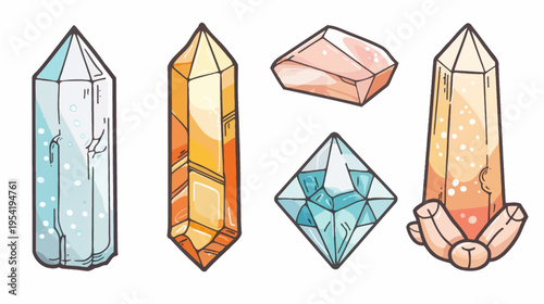 Stylized illustration of five assorted mineral crystals with different color palettes