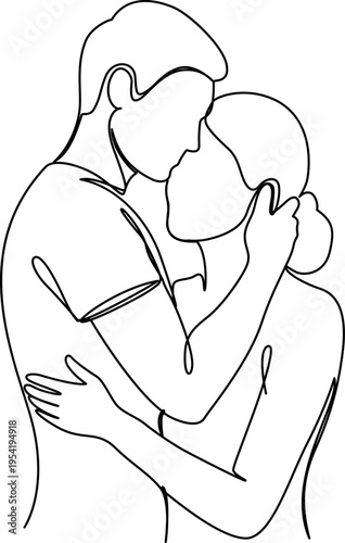 Minimal Couple Hug Line Art T-Shirt - Elegant one line drawing of a romantic couple hugging in minimalist continuous line art style.
