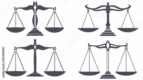 Four scales of justice icons in silhouette, representing law and balance