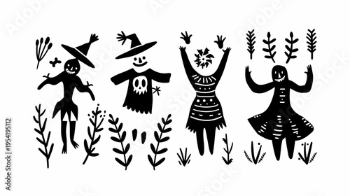 Black and white illustration of stylized figures and plant life in folk art style