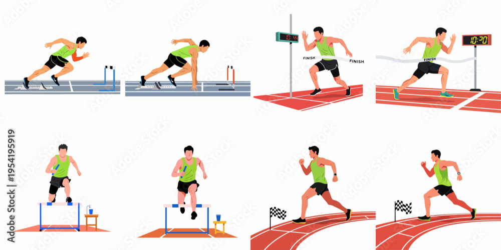 Fototapeta premium Set of Flat Illustrations Featuring a Male Track and Field Athlete During Various Race Stages Including Starting, Hurdling, and Finishing