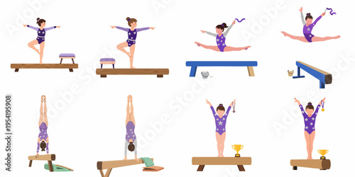 Gymnastics girl illustrations set featuring balance beam exercises, jumps, handstands, and victory celebrations with trophies and medals.