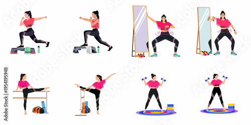 Vector illustration set of women performing various fitness exercises including step aerobics, barre stretching, hula hooping, and weightlifting for a healthy lifestyle.