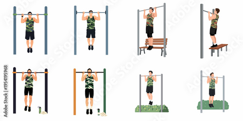 Set of vector illustrations depicting a fit man performing pull-ups on various horizontal bars in different outdoor and gym environments.