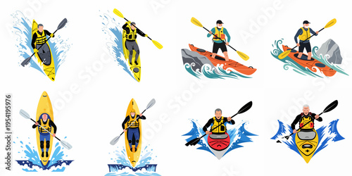 Collection of vector illustrations featuring men of various ages kayaking through splashing water and waves, wearing life vests and using paddles.