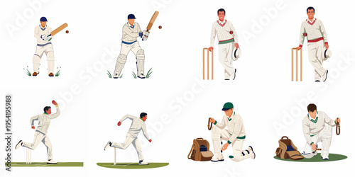 Flat vector set of classic cricket players in traditional white uniforms including batsmen, bowlers, and cricketers posing with gear.
