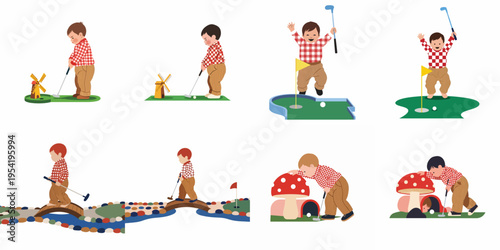 Illustration set of a toddler boy playing miniature golf with various obstacles including a windmill, a bridge, and a mushroom tunnel.