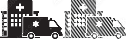 Emergency response vehicles parked outside a city hospital building