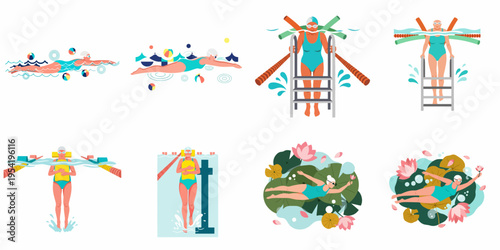 Collection of flat vector illustrations depicting an active senior woman swimming, practicing water aerobics, and enjoying pool activities for healthy aging and wellness.