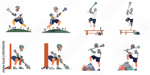 Collection of Lacrosse Player Illustrations in Various Poses Including Running, Practicing, and Standing with Equipment, Flat Vector Style Design