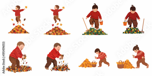 Set of illustrations featuring a happy toddler playing with autumn leaves, jumping into piles, raking, and tossing leaves, isolated on a white background.