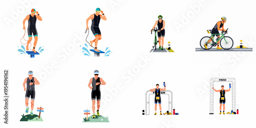 Set of flat vector illustrations depicting a male athlete in various stages of a triathlon race, including swimming, cycling, and running.