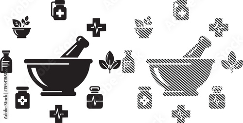 Historical depiction of traditional medicine and apothecary tools and ingredients