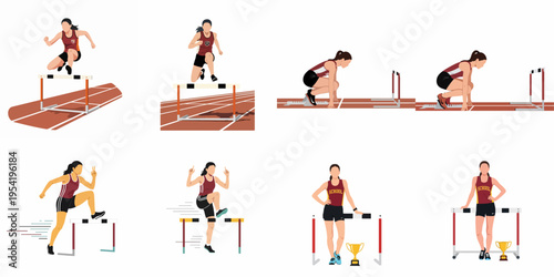 Set of flat vector illustrations of a female track athlete performing hurdles, starting a race, and posing with a championship trophy.