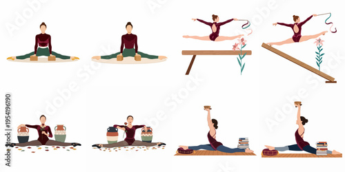 Set of flat illustrations of a woman in various gymnastic split poses using props like yoga blocks, ribbons, and artistic vases.