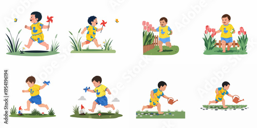 Cartoon character set of a cheerful toddler boy playing outdoors, running with a pinwheel, watering plants, and playing with toys in the garden.