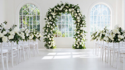 Wedding ceremony aisle leading to a lush floral arch in a bright, elegant venue, ready for celebration