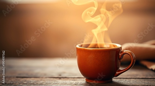 A Cup of Hot Coffee Smoky On a Wooden Table in the Morning