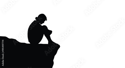 Sad lonely person sitting on rock cliff silhouette contemplative mood isolated on white background