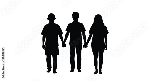 Silhouette of diverse group of three people holding hands together in unity and solidarity on white background