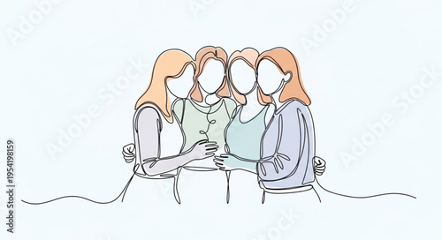 Four women friends embracing together in a close group hug.
