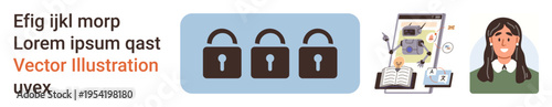 Cybersecurity, data protection, online safety, identity authentication, secure communication, personal privacy. Three lock icons, data visualization and a person. Cybersecurity and data protection