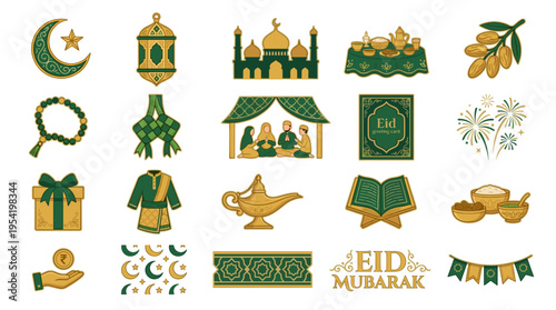 Premium flat vector illustrations set of Islamic Ramadan and Eid al Fitr icons featuring mosque, lantern, crescent moon, and festive elements