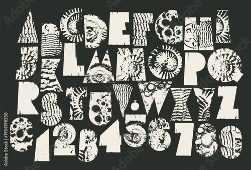 Simple, thick font consisting of geometric shapes on a marine theme and polyentology theme with the texture of shells. Letters of the Latin alphabet. Logo, label, cover, box of chocolates. No ai