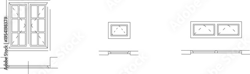 Technical architectural elevation drawing showing various window designs with diagonal cross-bracing patterns and multiple pane configurations.
