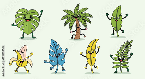 Cute cartoon leaf characters playing acoustic guitars with happy musical notes.