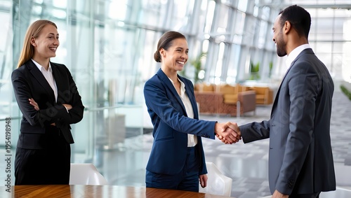 Professional business team handshake meeting in modern office with natural light and glass walls