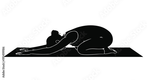 Woman doing child pose on yoga mat in black silhouette, stretching and relaxing in peaceful meditation, healthy lifestyle concept