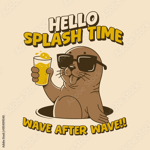 Cartoon seal with sunglasses drinks.