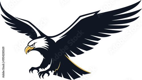 Black silhouette vector illustration of an American bald eagle flying with wings spread in nature
