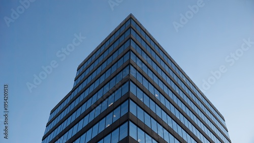 A sleek, modern skyscraper standing tall against a clear blue sky