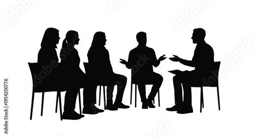 Business people sitting in chairs having meeting or discussion in office or conference room with silhouettes